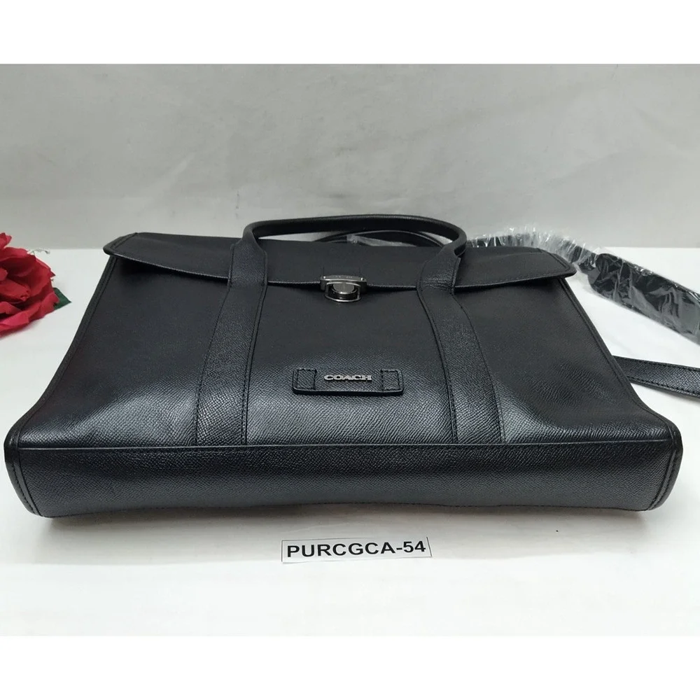 Coach Black Leather Double Handles Pushlock Briefcase Messenger Bag